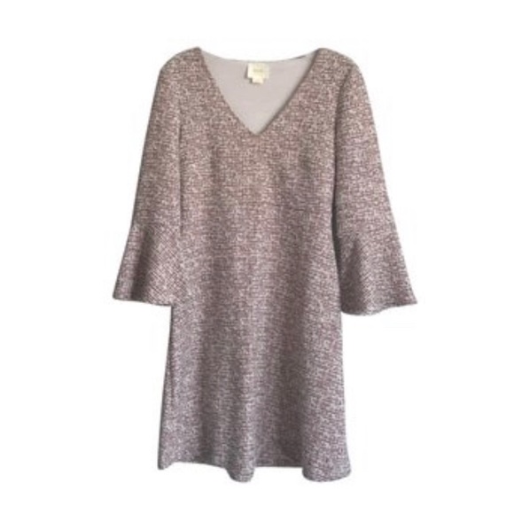 Anthropologie Red Cream Tweed Bell Sleeve V-Neck Dress - Picture 4 of 11